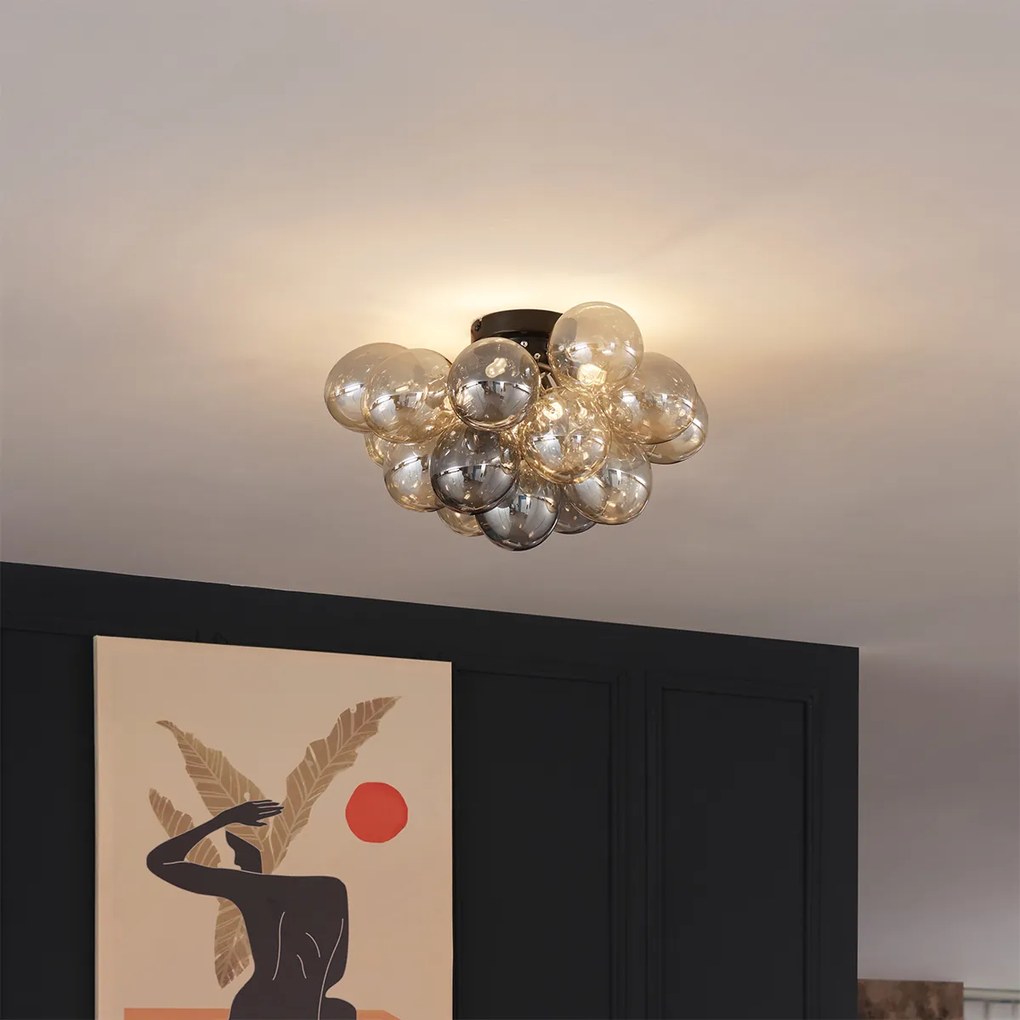 Candeeiro de Teto Design Preto com Âmbar e Vidro Fumê 4 Luzes - Uvas