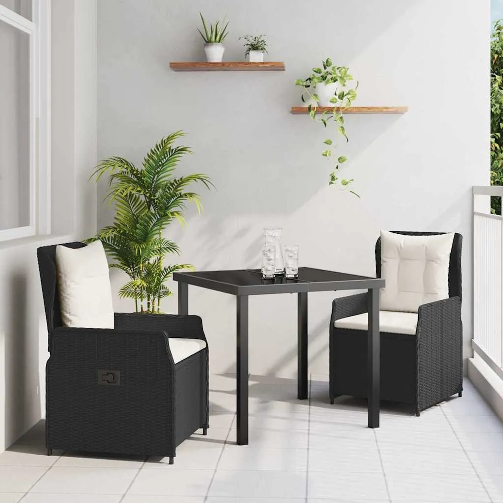 vidaXL Conjunto de Jantar de Jardim em 3 Peças Preto em Rattan Sintético