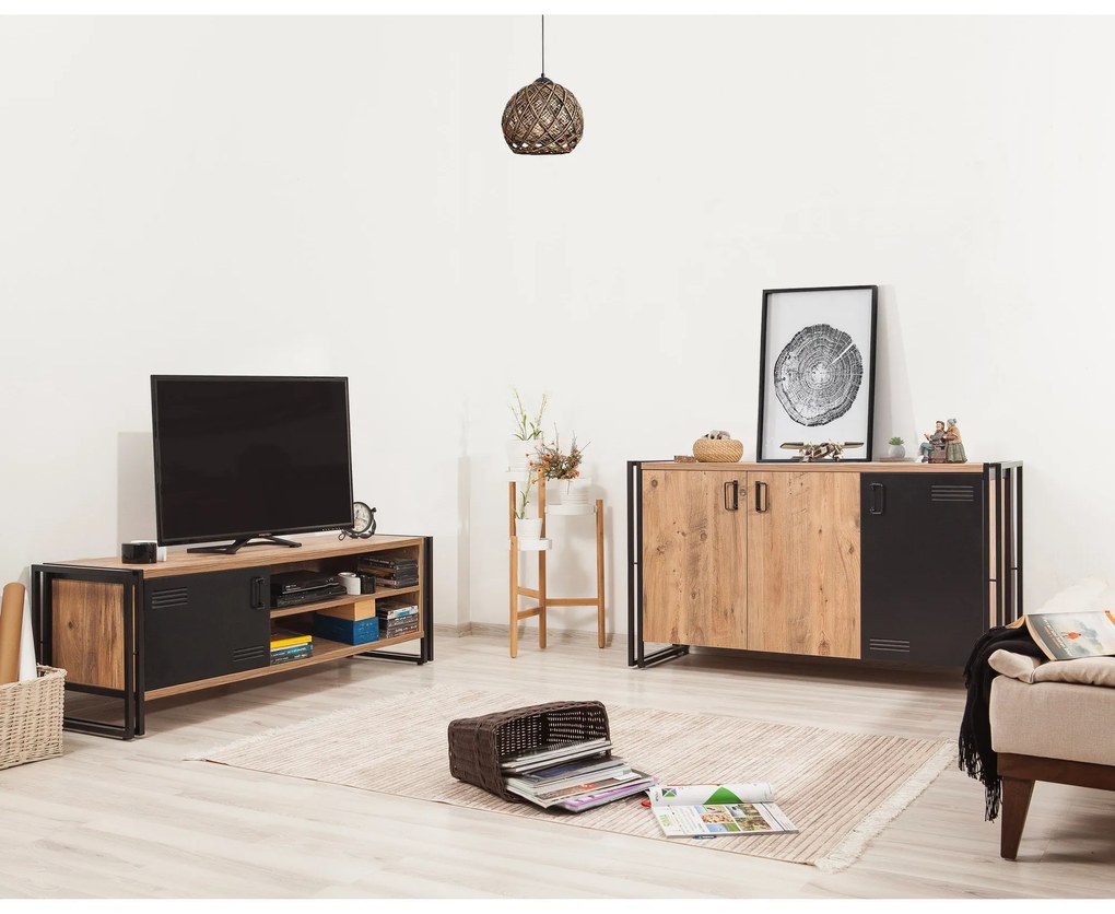 Conjunto de Mobiliário de Sala Cosmo – Pinho Atlântico Preto – TV Unit