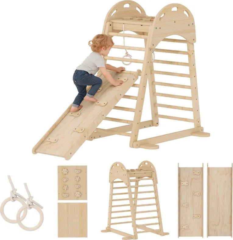 Triângulo de Escalada Montessori 6 em 1 Estrutura de Madeira com Plataforma Anéis e Escorrega para Escalar ou Deslizar Madeira