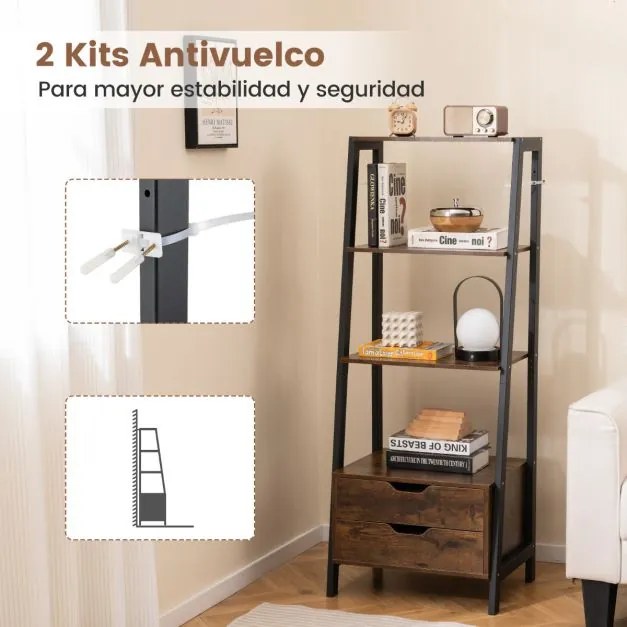 Estante em forma escada 52 x 39,5 x 134 cm com 4 prateleiras abertas e 2 gavetas Castanho Rústico + Preto