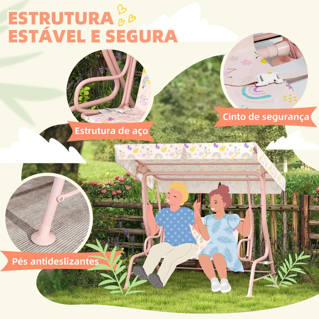 Baloiço de Jardim para Crianças com 2 Lugares Toldo Ajustável Cinto de Segurança e Desenho de Borboletas 112x75x120 cm Rosa