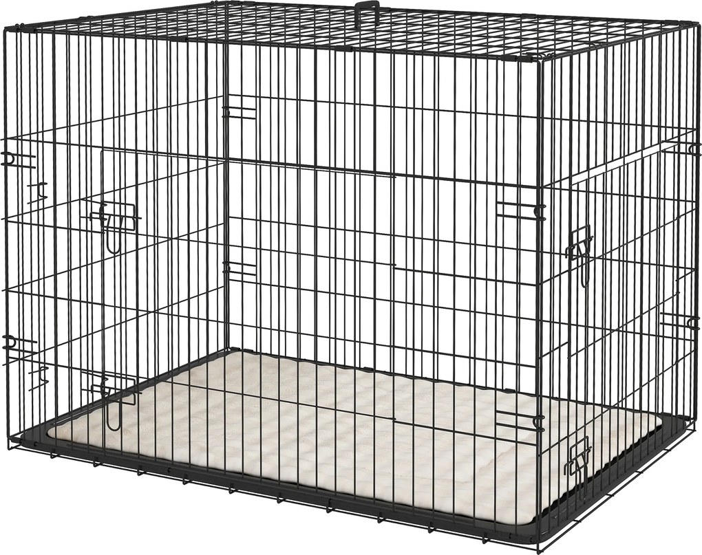 Gaiola de transporte dobrável para cães com pega, tabuleiro removível e almofada incluída – 90 x 57,5 x 62 cm – preta