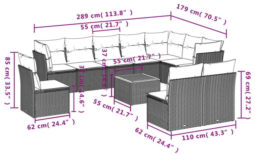 11 pcs conjunto sofás de jardim c/ almofadões vime PE cinzento