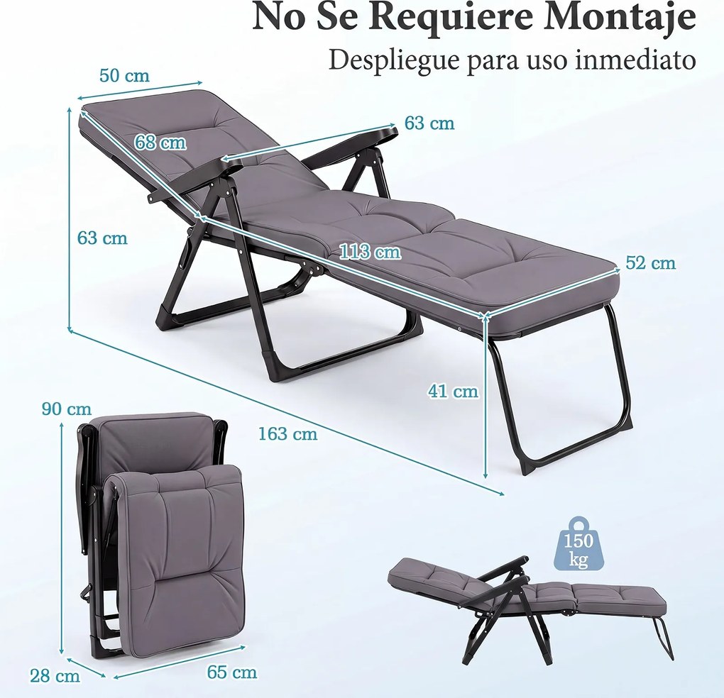 Espreguiçadeira de Exterior Dobrável, 52 x 163 x 63 cm, Encosto e Apoio para os Pés Ajustáveis, Cinzento