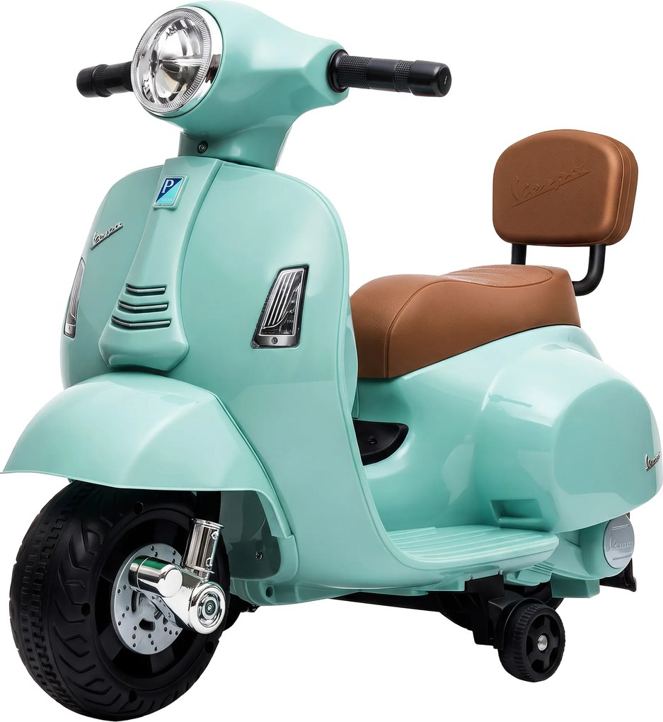 AIYAPLAY Mota Elétrica Infantil Mini Vespa GTS com 2 Rodas Auxiliares, Bateria de Lítio, Farol, Buzina e Encosto, Verde | Aosom Portugal
