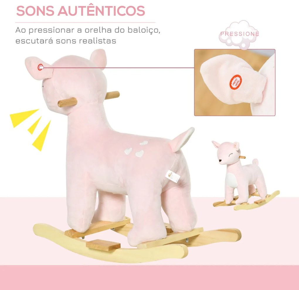Baloiço Infantil de Cervo para Crianças acima de 3 Anos Baloiço com Sons Realistas de Pelúcia e Base de Madeira Carga 45kg 68x35,5x64cm Rosa