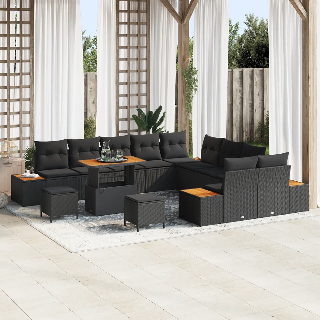 Conjunto de Sofá de Jardim vidaXL de 13 Peças com Almofadas Preto Rattan Poliéster Acácia