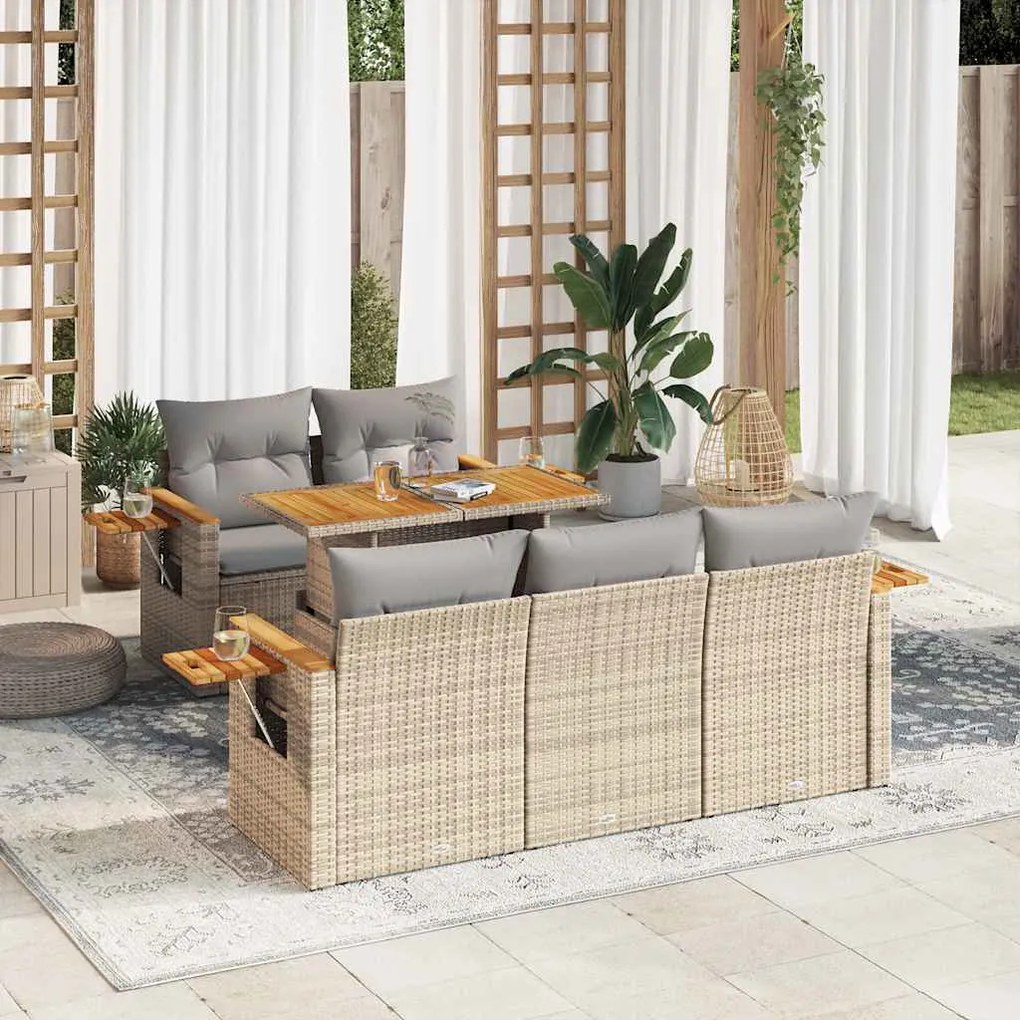 6 pcs conjunto sofás jardim com almofadões vime PE/acácia bege