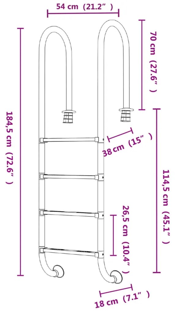 Escada de piscina 54x38x184,5 cm 304 aço inoxidável