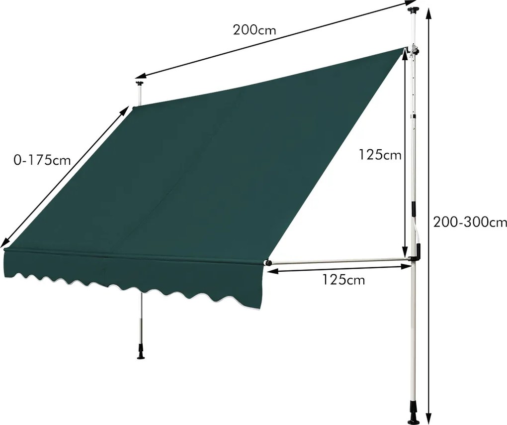 Toldo Exterior Terraço varanda 200 x 125 cm  Altura Ajustável 2-3 m com Manivela e Resistente às Intempéries Verde