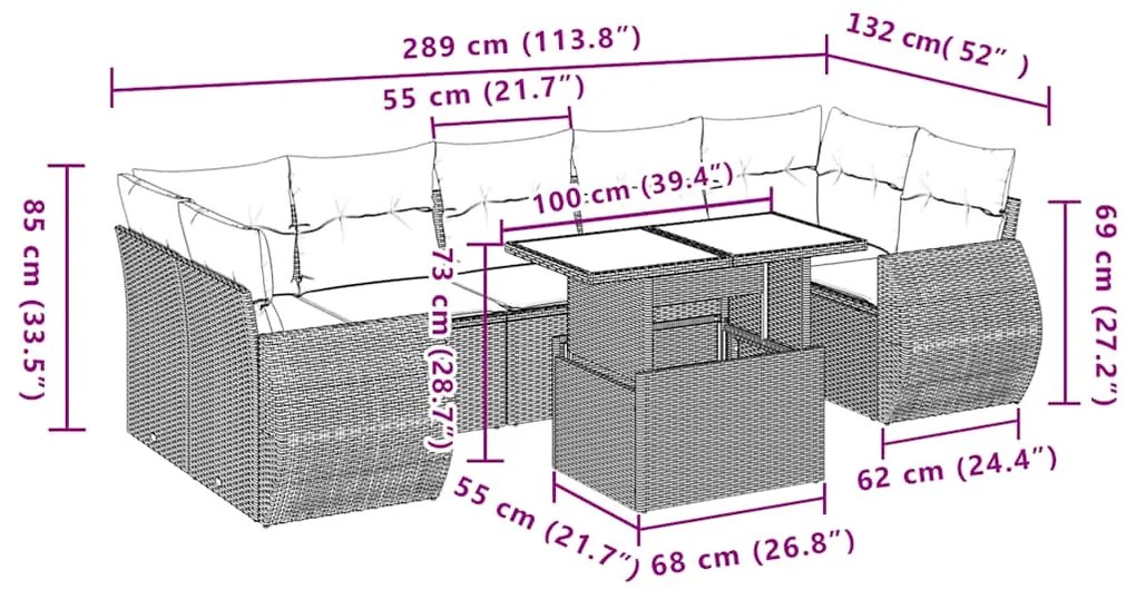 8 pcs conj. sofás jardim c/ almofadões vime PE cinzento-claro