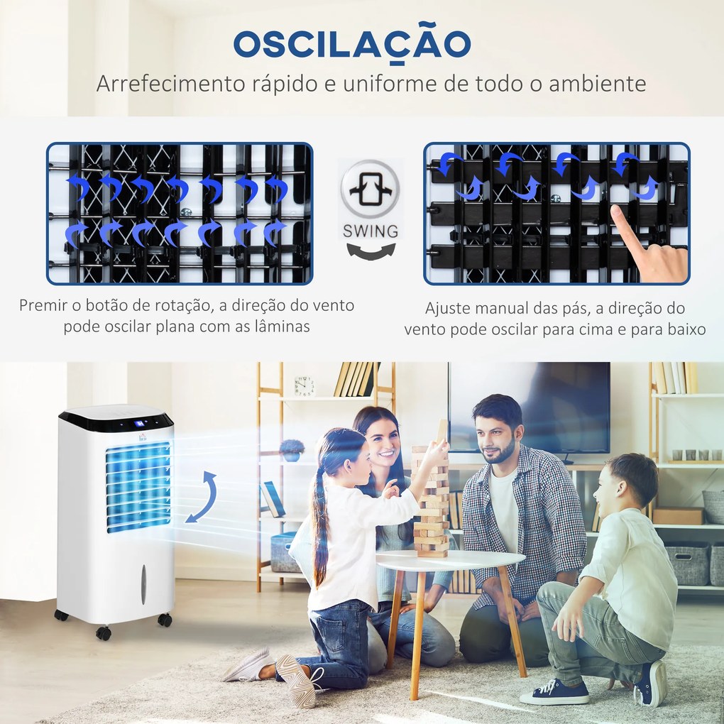 HOMCOM Climatizador Refrigerador de Ar Portátil 10L Humidificador Ventoinha 60W Ecrã LED Controlo Remoto Temporizador 3 Velocidades 3 Modos 38,2x31,6x76 cm Branco