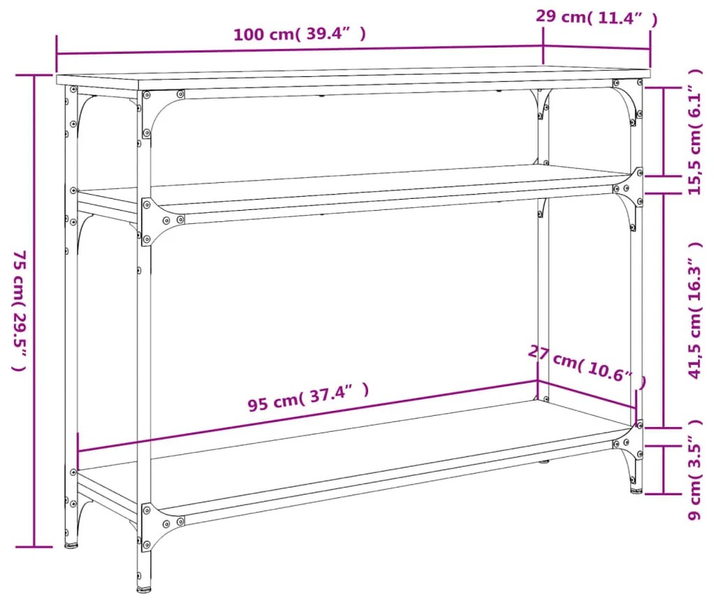 Mesa consola 100x29x75 cm derivados madeira carvalho castanho