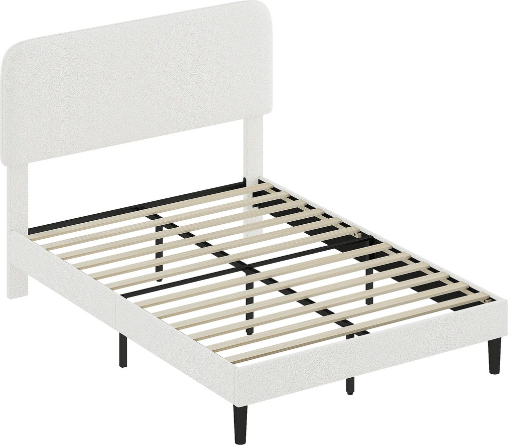 HOMCOM Estrutura de Cama Dupla com Cabeceira Ajustável em Altura Estofada em Tecido Macio com Ripas de Madeira Branco | Aosom Portugal
