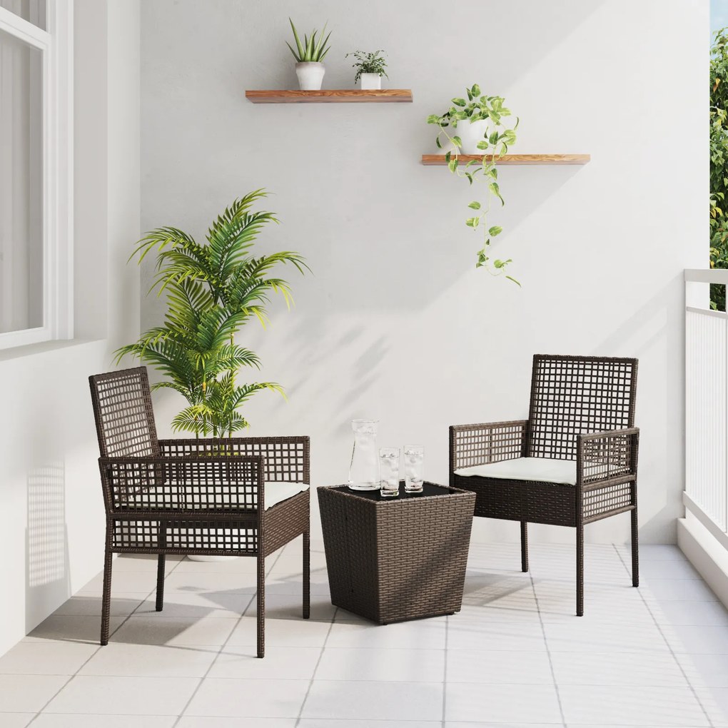 Conjunto de Bistro de Jardim de 3 Peças com Almofadas Castanho em Rattan Sintético