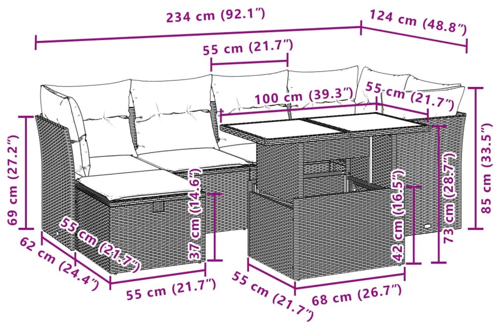 7 pcs conjunto de sofás p/ jardim com almofadões vime PE bege