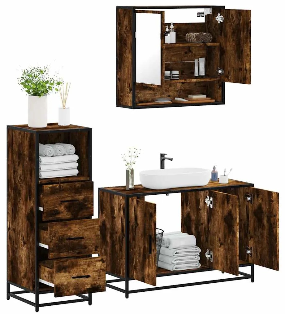 vidaXL 3 pcs conjunto de móveis WC madeira processada carvalho fumado