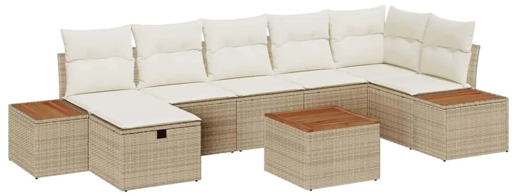Conjunto de Sofá de Jardim com 8 peças e almofadas bege em rattan.