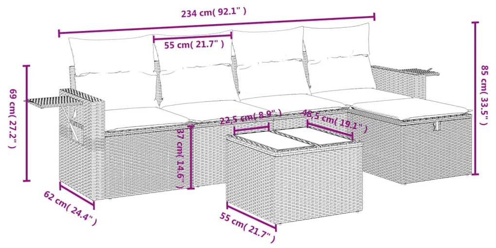 6 pcs conjunto sofás de jardim c/ almofadões vime PE preto