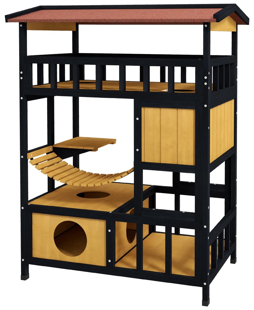 Casa para Gatos de Madeira 84x60x116 cm Abrigo para Gatos de 4 Níveis para Exterior com Ponte Suspensa Varanda Natural