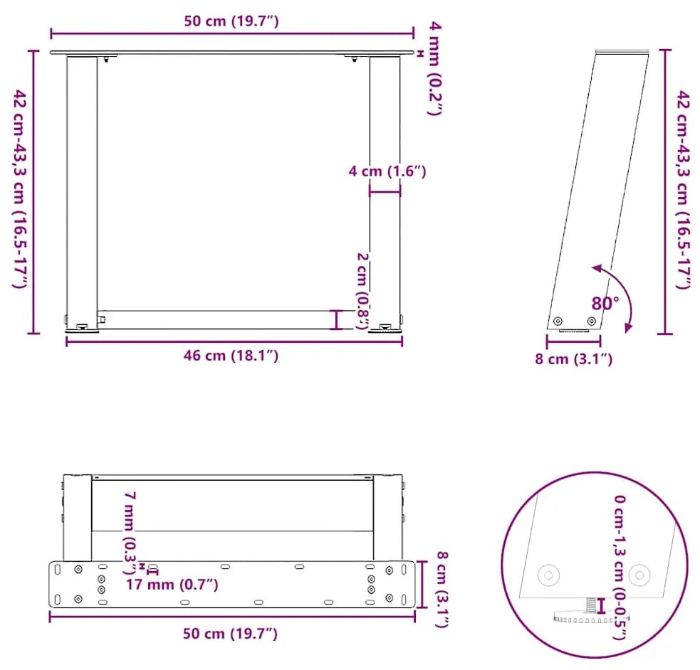 Pés para mesa de centro em formato de U, 2 peças, preto, 50x(42-43) cm