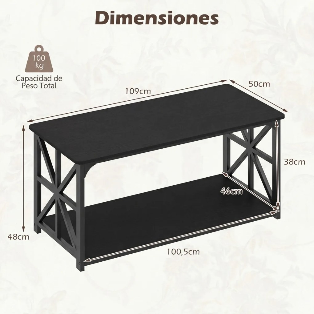 Mesa de centro de estilo industrial 109 x 50 x 48 cm, 2 níveis, prateleira aberta, estrutura metálica, para sala de estar, preta
