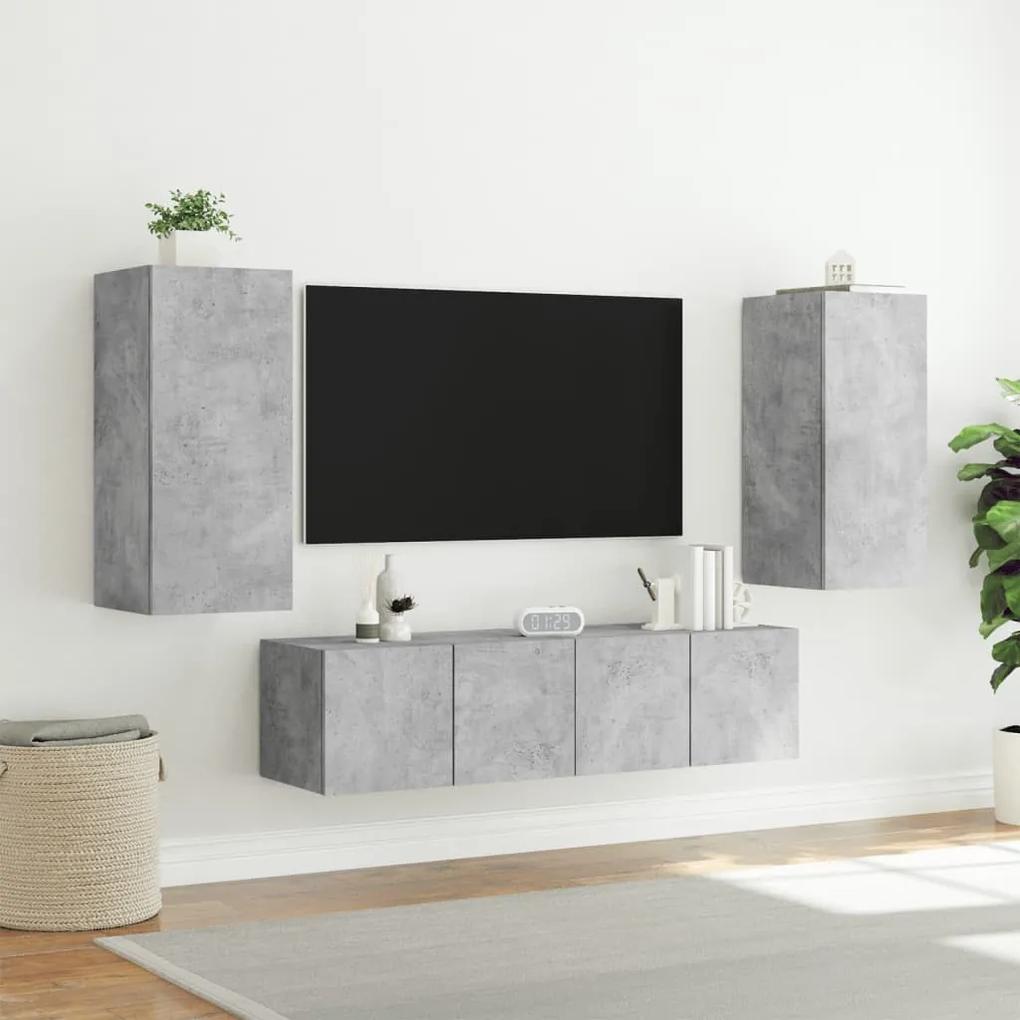 4 pcs móveis parede p/ TV c/ LEDs deriv. madeira cinza cimento