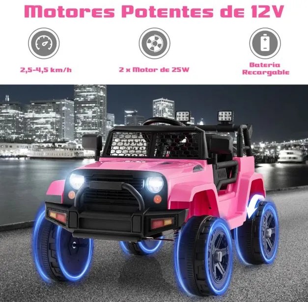 Carro elétrico para crianças com bateria de 12 V Controlo remoto Assento com mola Suspensão USB e porta auxiliar Rosa