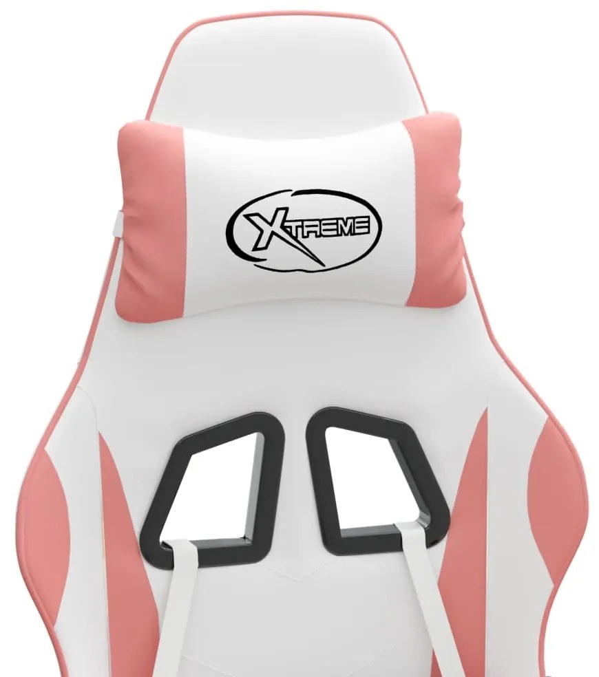 Cadeira gaming giratória c/ apoio pés couro artif. branco/rosa