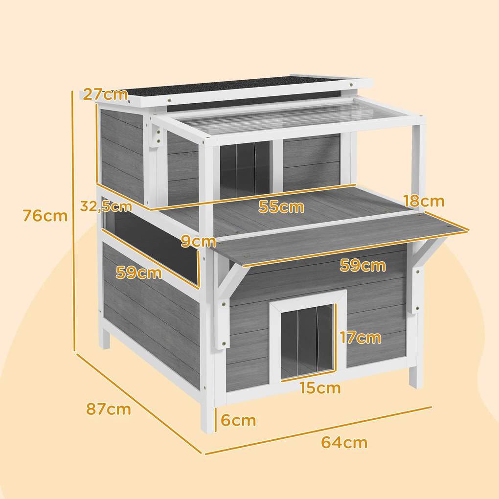 Casa para Gatos de Madeira 64x87x76 cm de 2 Níveis com Teto Asfáltico Janela e Porta com Cortina 64x87x76 cm Cinza Claro