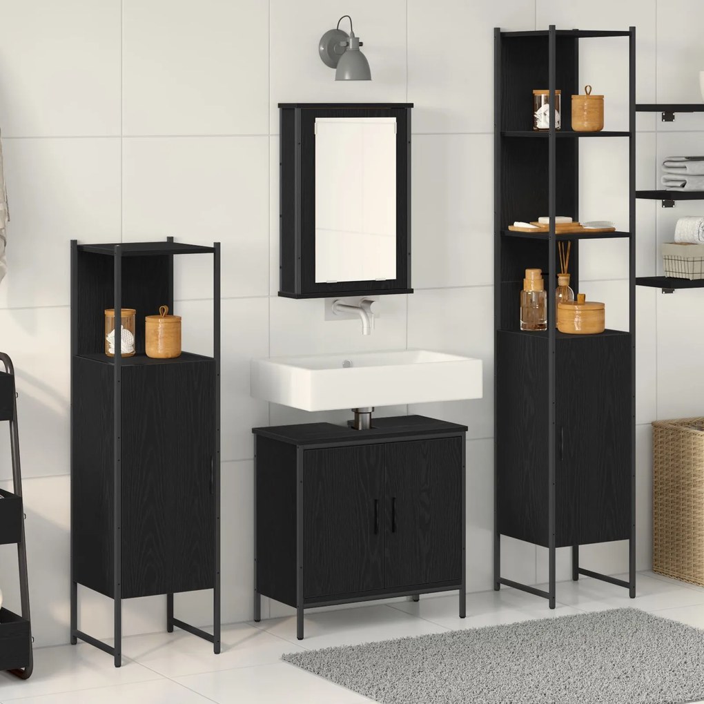 Conjunto de Móveis para Casa de Banho 4 Peças Carvalho Preto Madeira E