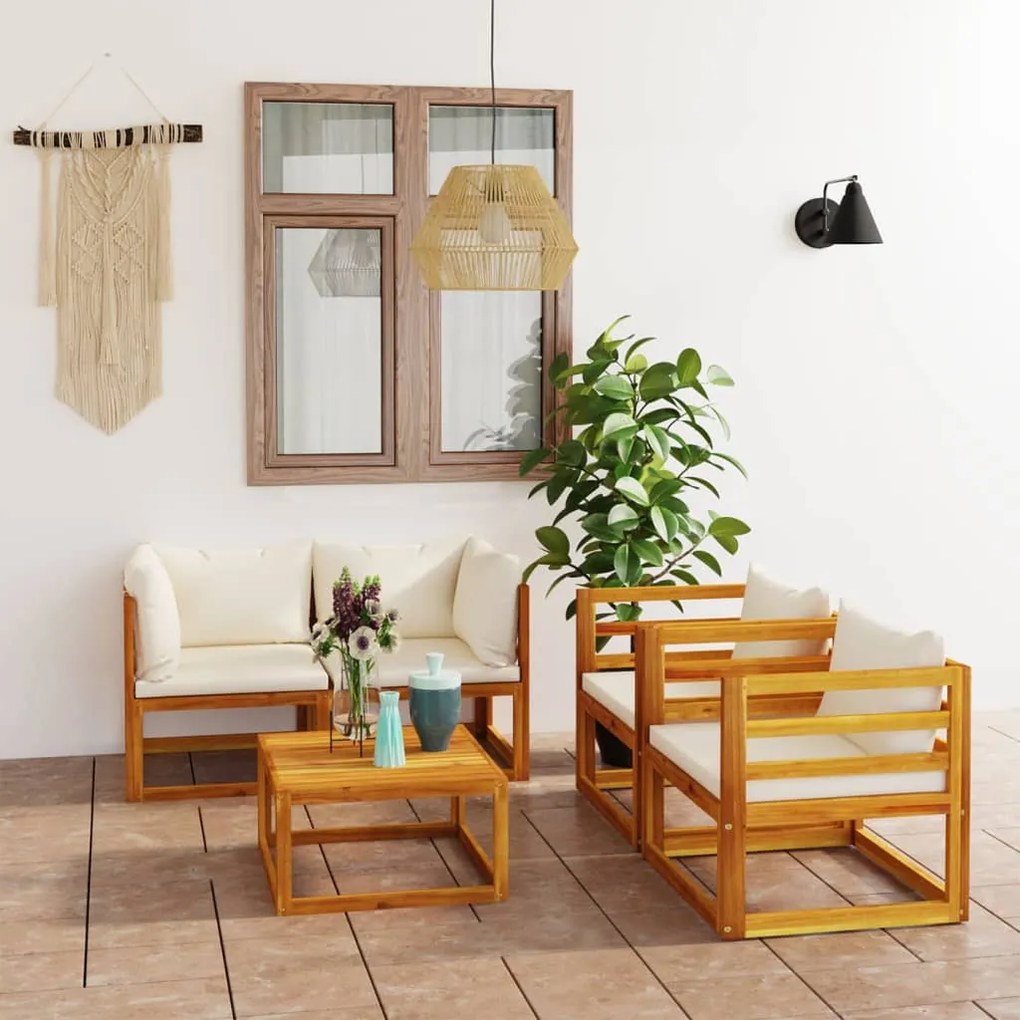 vidaXL 5 pcs conjunto lounge jardim c/ almofadões creme acácia maciça