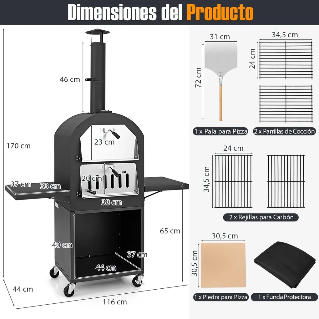 Forno para pizza para exterior com rodas Pedra para pizza Pá 2 grelhas Termómetro Prateleiras laterais para armazenamento Preto