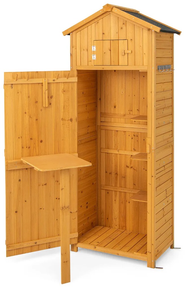 Abrigo armário de arrumação exterior para jardim Porta com fechadura Mesa dobrável Ganchos Organizador de ferramentas 75 x 50 x 180,5 cm