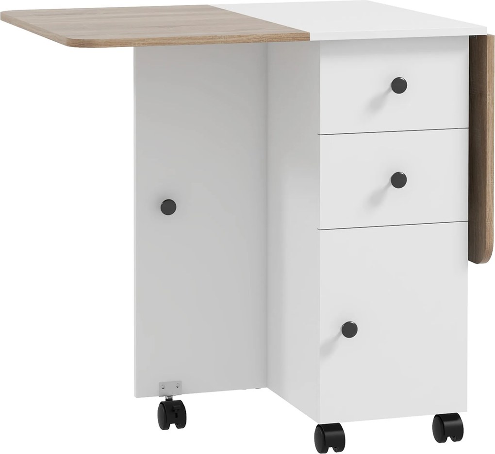 Mesa de jantar dobrável com Rodas 120x60x76,5 cm (CADEIRAS NÃO INCLUIDAS) com 2 Gavetas e Armário Mesa Auxiliar Multifuncional  Branco