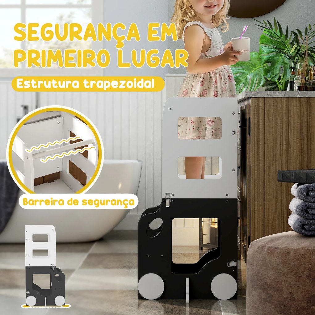 Torre de Aprendizagem 4 em 1 para Crianças em Forma de Carro Convertível em Mesa e Cadeira 58x46x92 cm Branco e Cinza