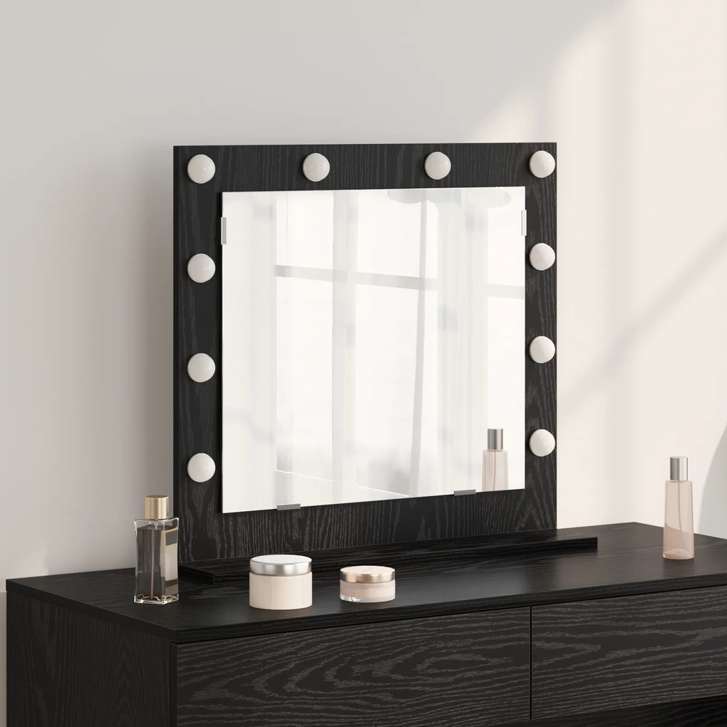 vidaXL Espelho de Maquilhagem com Luzes LED Carvalho Preto 60x55x18 cm