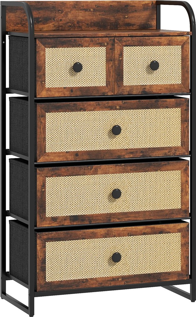 HOMCOM Cómoda de Tecido Cómoda para Dormitório com 5 Gavetas com Frente em Vime e Prateleira 58x29x99 cm Marrom Rústico | Aosom Portugal