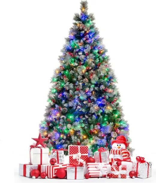 Árvore de Natal pré-iluminada de 215 cm com 747 pontas de ramos, 350 luzes LED, 55 pinhas e 55 bagas vermelhas