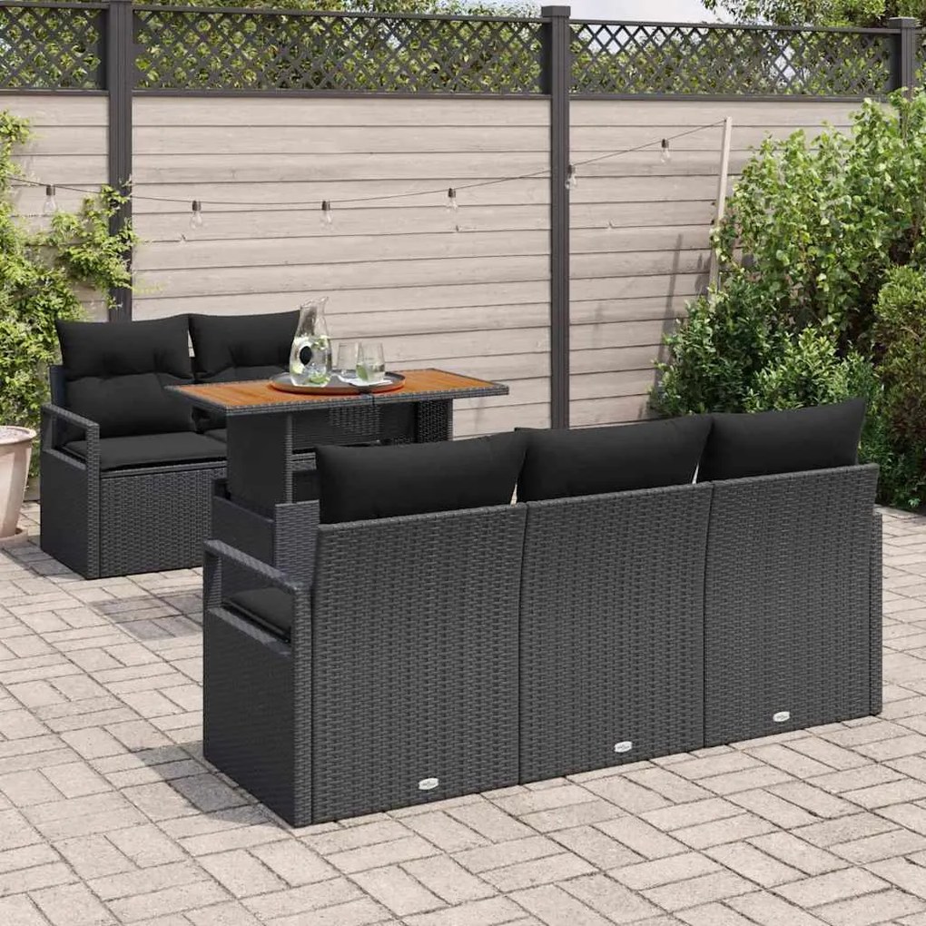 Conjunto de Sofá de Jardim de 6 Peças com Almofadas de Rattan Preto e