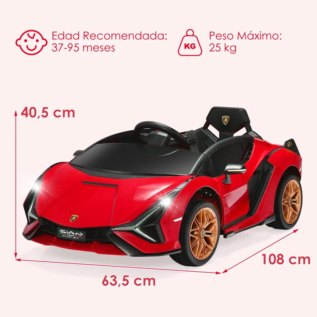 Carro elétrico para crianças bateria de 12 V Lamborghini com controlo remoto Luzes LED Música MP3 Buzina 108 x 64 x 41 cm Vermelho