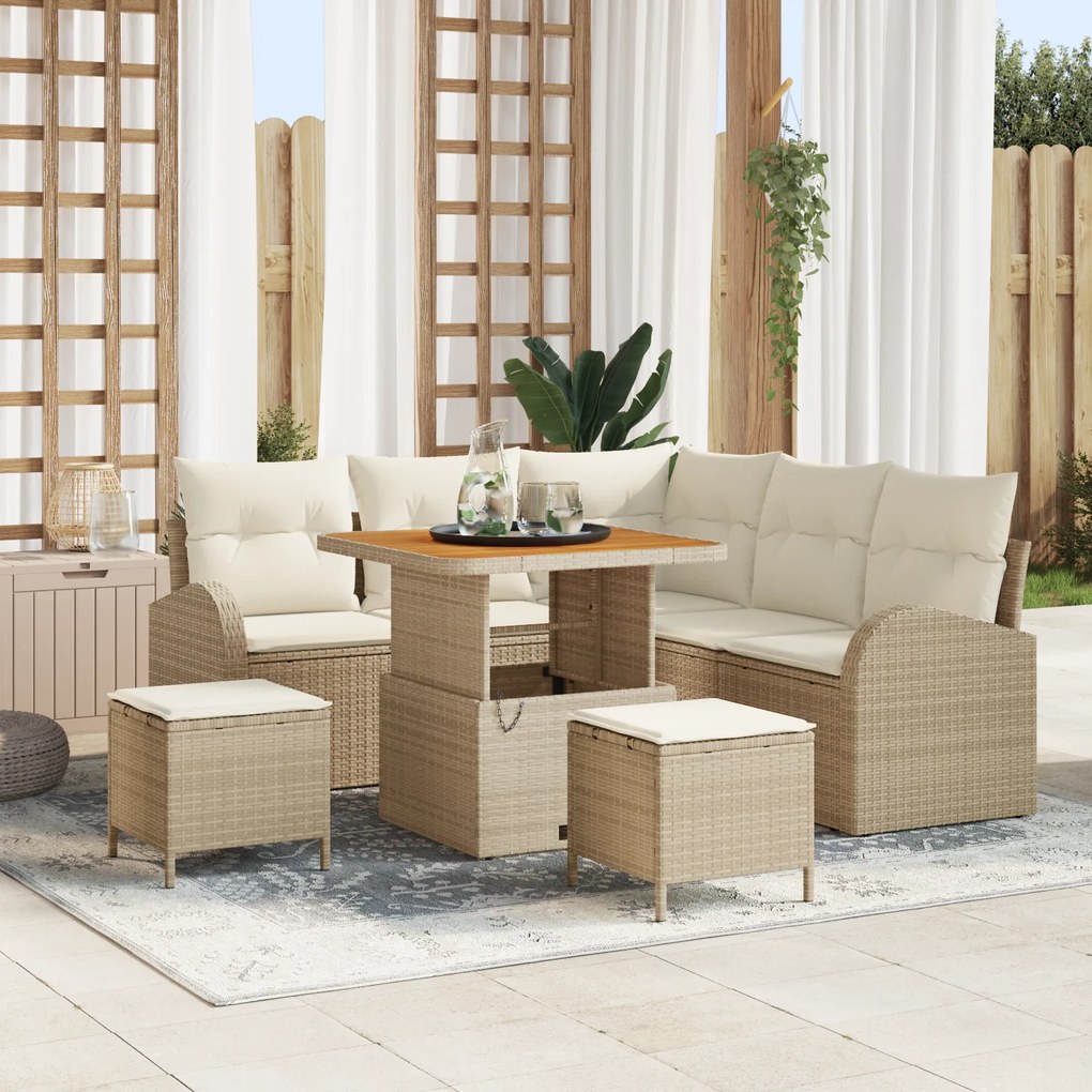 Conjunto de Sofá de Jardim de 8 Peças com Almofadas Bege em Rattan Poliéster e Acácia