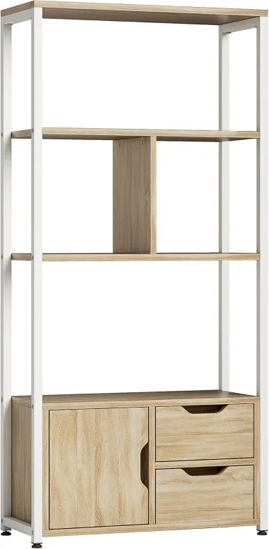 Estante para Livros com Armário e 2 Gavetas de Armazenamento para Escritório Sala de Estar 58x24x122 cm Madeira e Branco