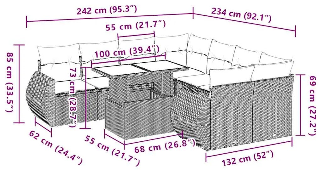 9 pcs conj. sofás jardim com almofadões vime PE cinzento-claro