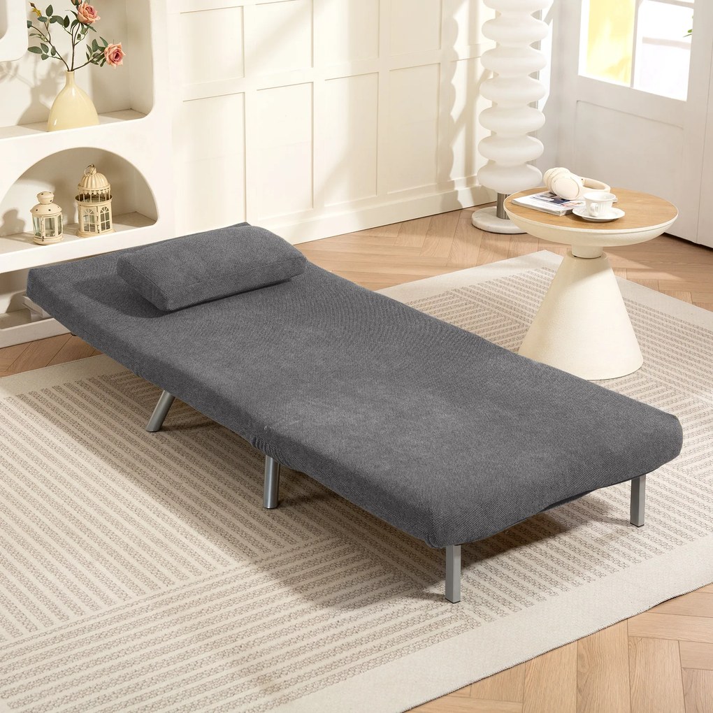 Sofá Cama Individual 3 em 1 Estofada em Padrão Dente de Cão com Encosto Ajustável de 5 Níveis 80x75x83 cm Cinzento