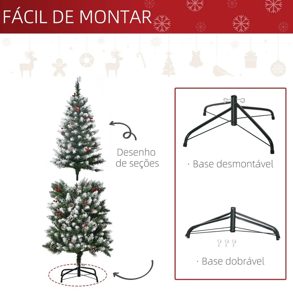 Árvore de Natal Nevada Artificial 180cm com 300 Luzes LED Branco Quente 618 Ramos Ignífugos de PVC Decorações Incluidadas e Base Dobrável Ø65x180cm Ve