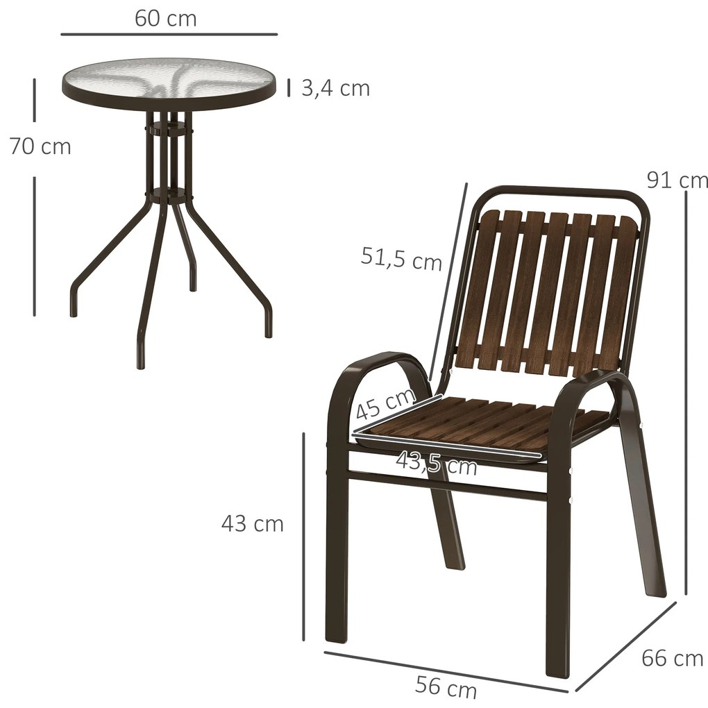 Conjunto de Jardim de 3 Peças com 2 Cadeiras Empilháveis Mesa com Bancada de Vidro Temperado Castanho Escuro