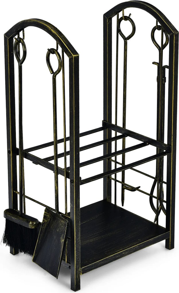 Conjunto de Suporte para Lenha e 4 Ferramentas de Lareira, 44 x 30 x 74 cm, 2 Níveis de Armazenamento, Bronze