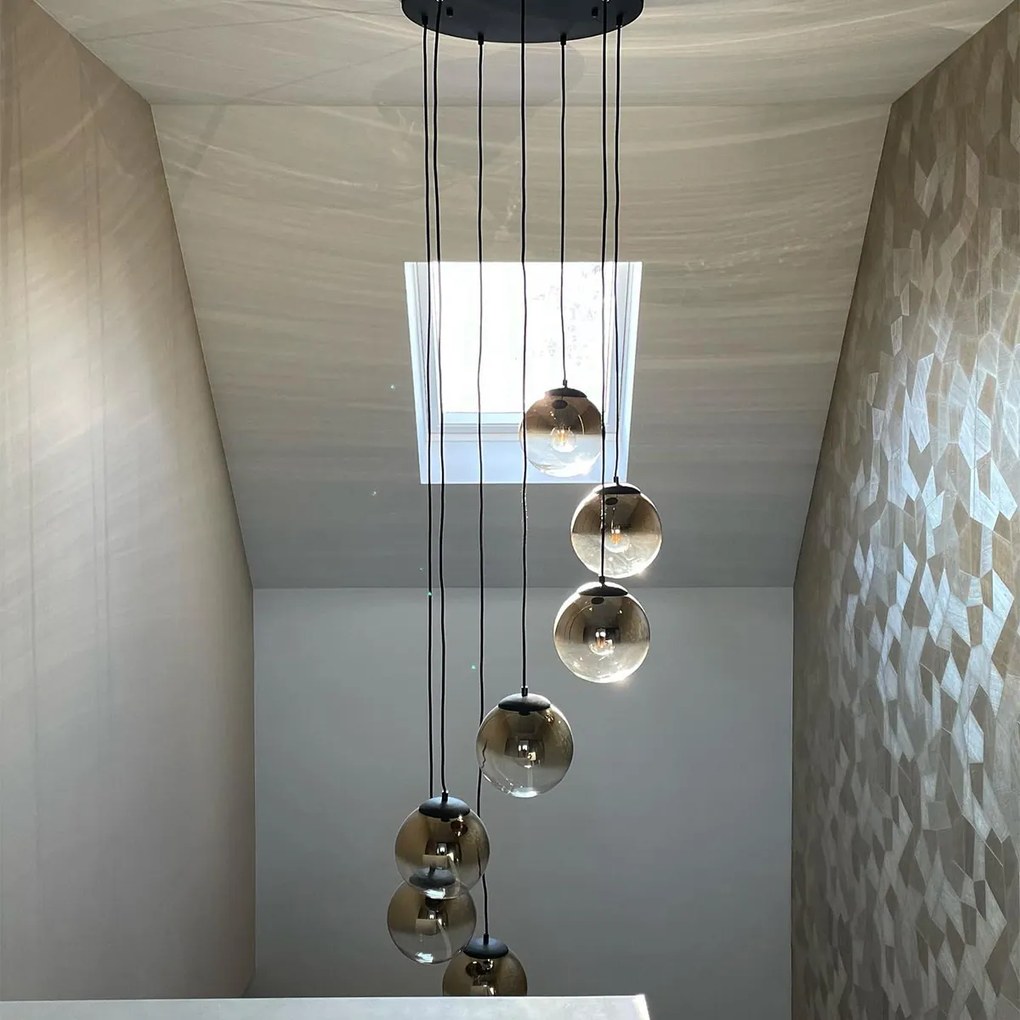 Candeeiro suspenso inteligente preto com vidro dourado 7 luzes incluindo 7 Wifi A60 - Pallon